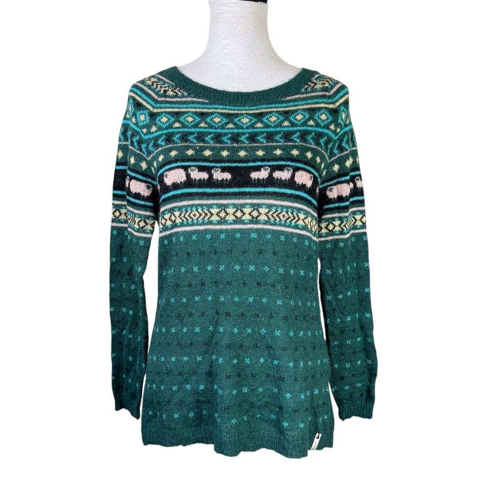 Woolrich Wool Mohair Blend Green Knit Sheep Print Pullover Sweater